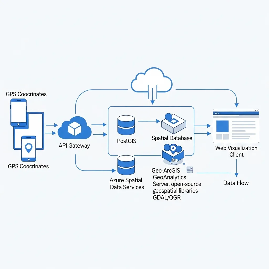 Architectural diagram showing GEO data flow from mobile devices to backend services and web visualizations.