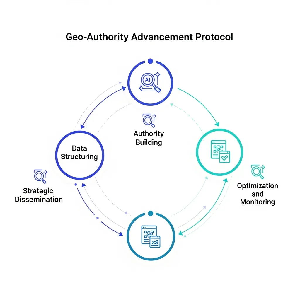 Circular flow diagram illustrating the Geo-Authority Advancement Protocol steps for AI search brand authority.