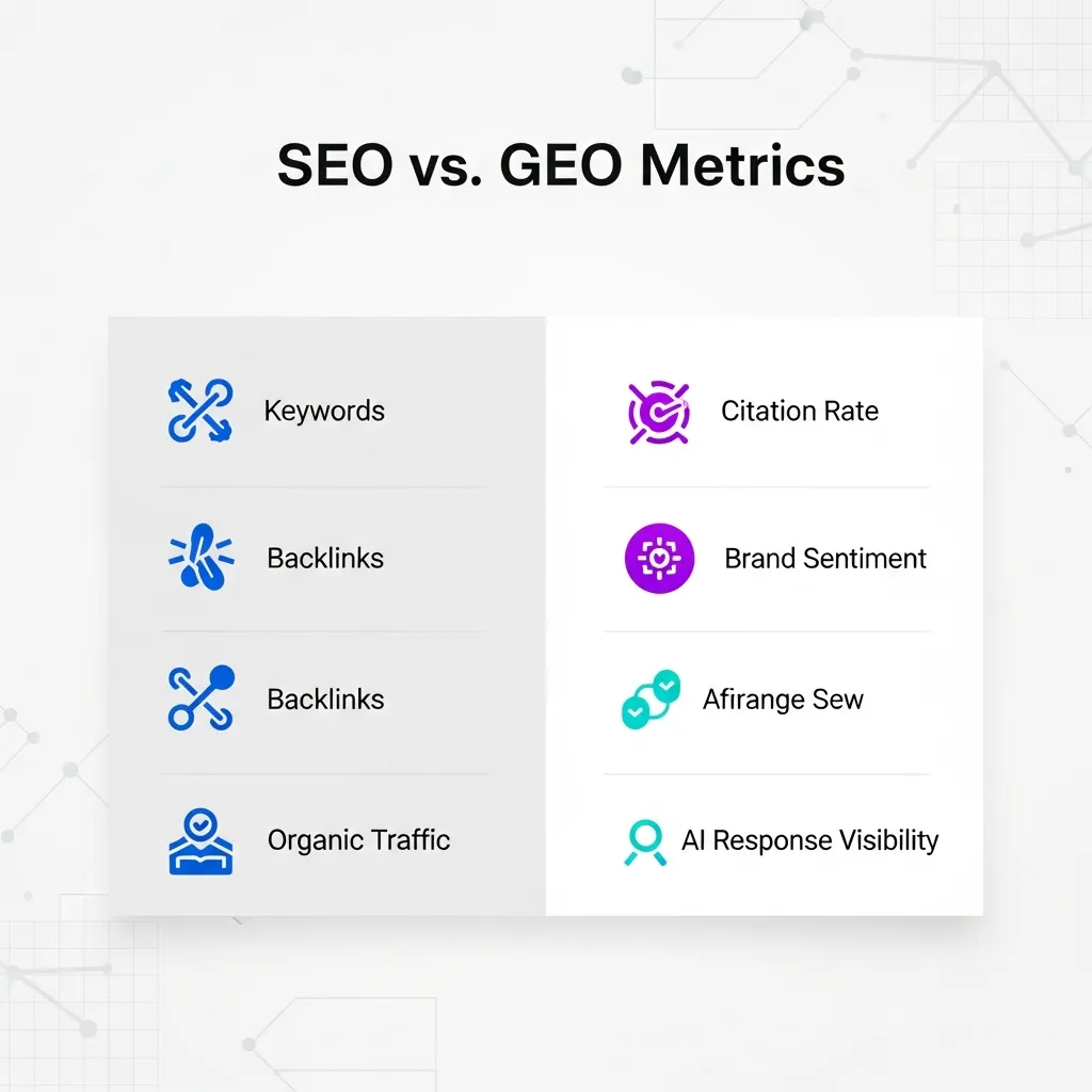 Comparison chart of traditional SEO metrics versus new GEO metrics for generative AI success.