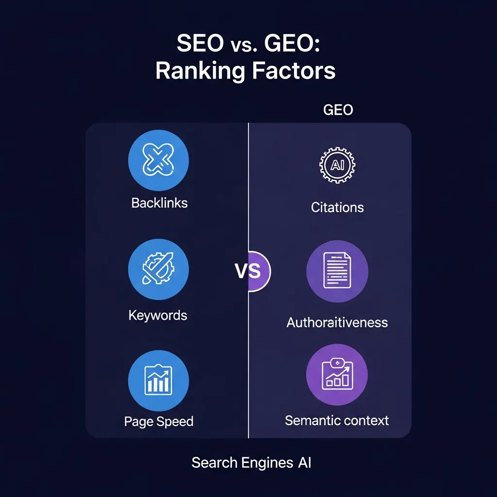 Comparison diagram showing ranking factors for traditional SEO like backlinks versus GEO factors like authoritativeness.