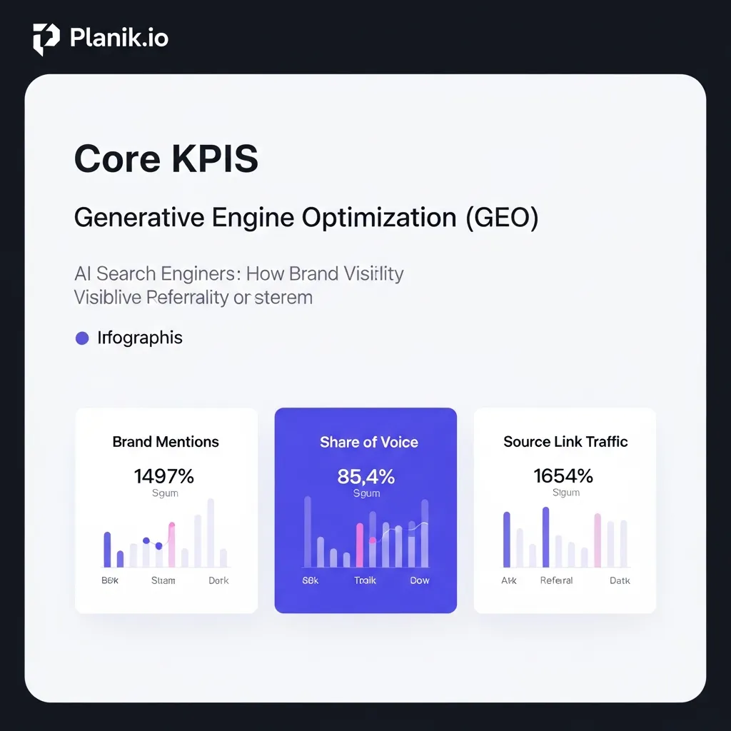 Conceptual diagram of GEO KPIs including brand mentions, share of voice, and source link traffic by Planik.io.