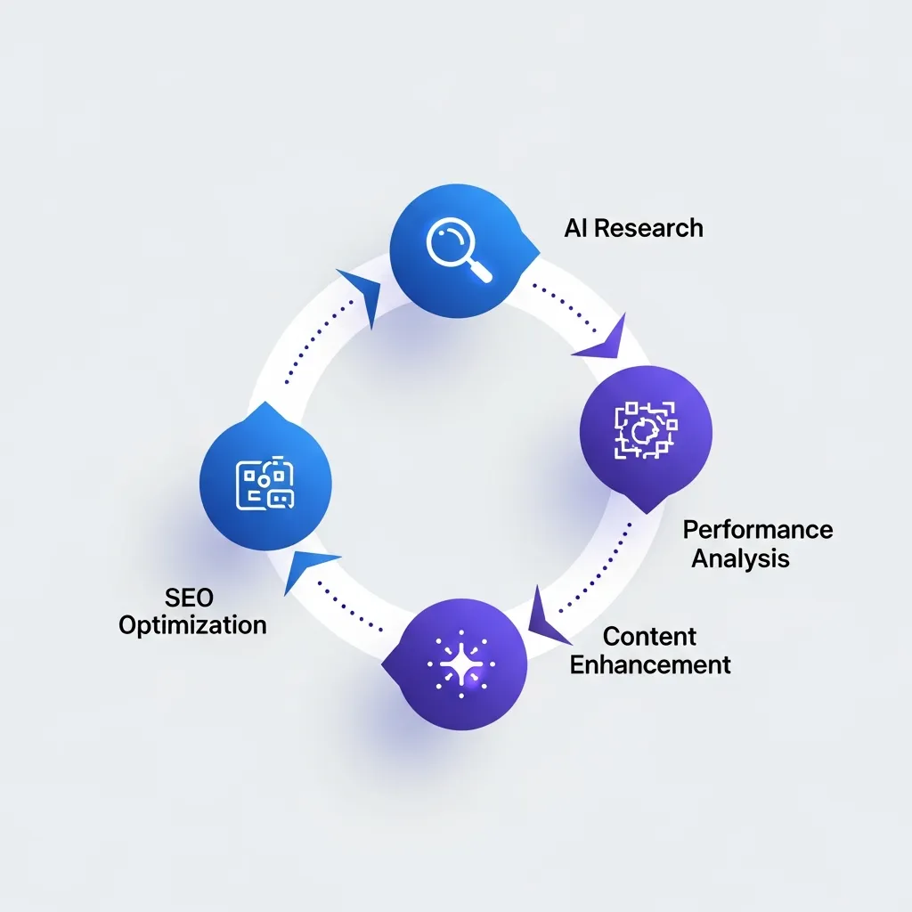 Cyclical diagram showing the four phases of the AI-enhanced content lifecycle for SEO performance.