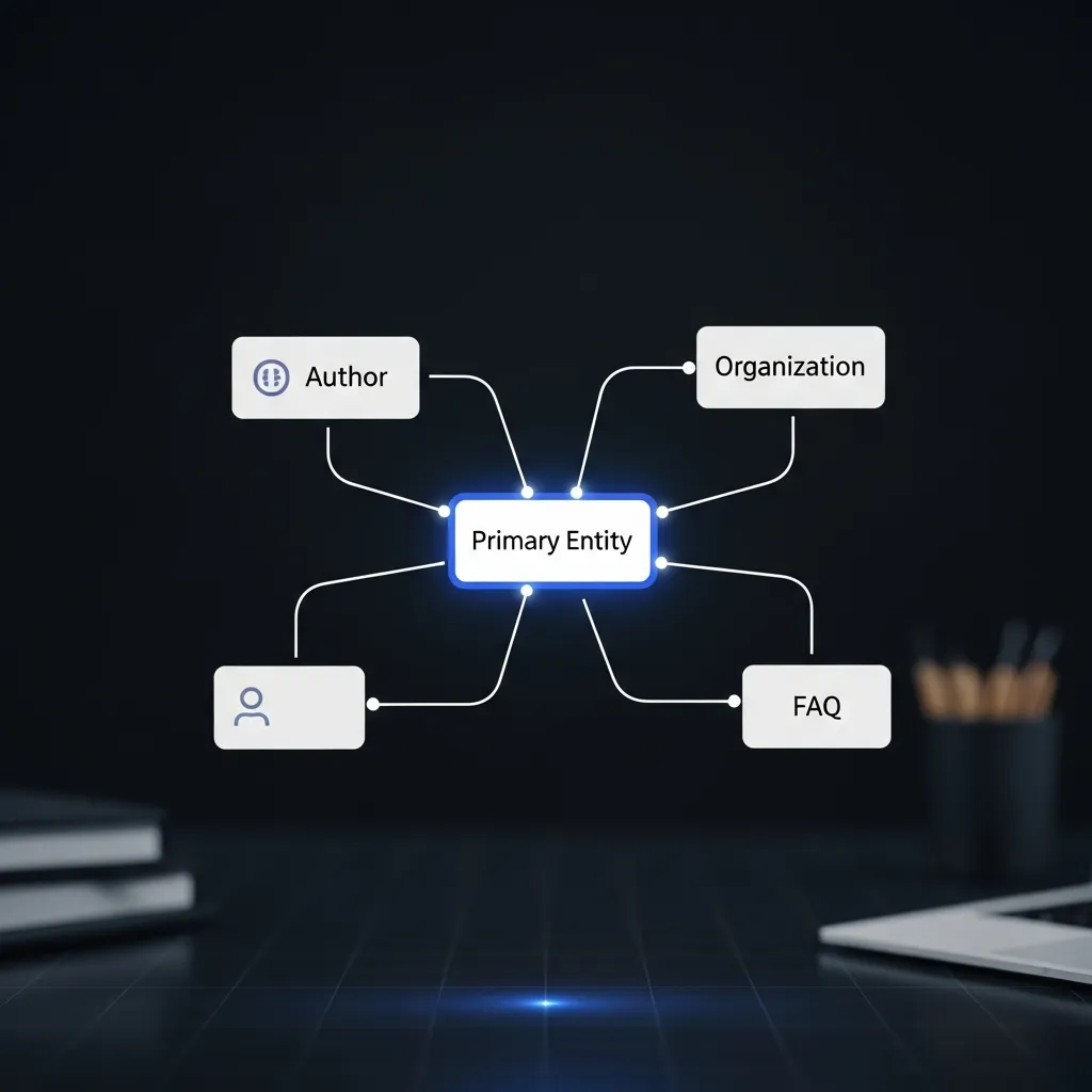 Diagram illustrating how JSON-LD schema connects content elements and entities for AI generative search visibility.