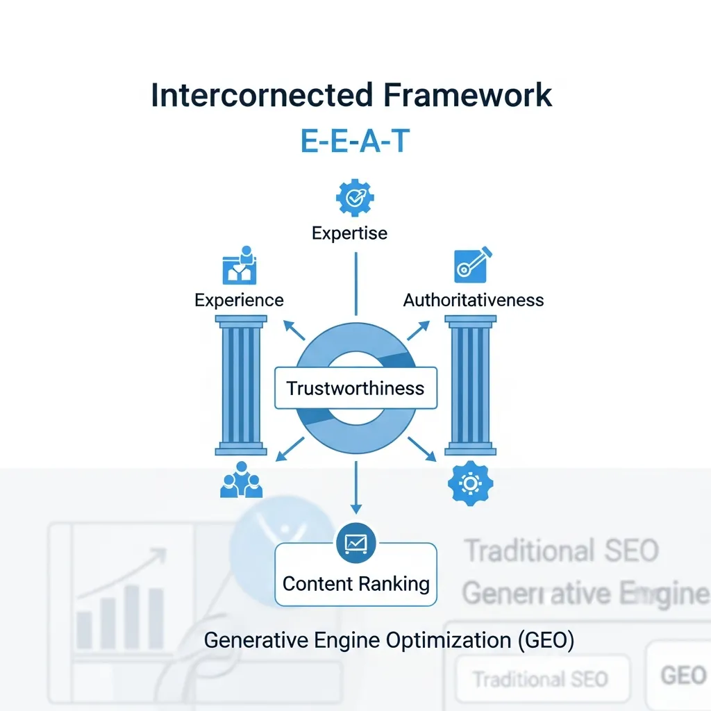 Diagram of E-E-A-T components influencing content ranking in the evolution from SEO to GEO.