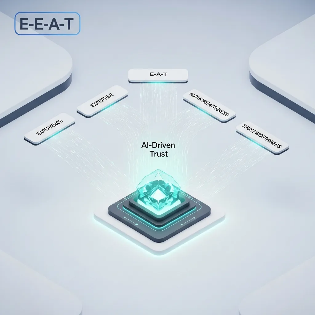 Diagram showing Experience, Expertise, Authoritativeness, and Trustworthiness converging to create AI-driven brand trust.