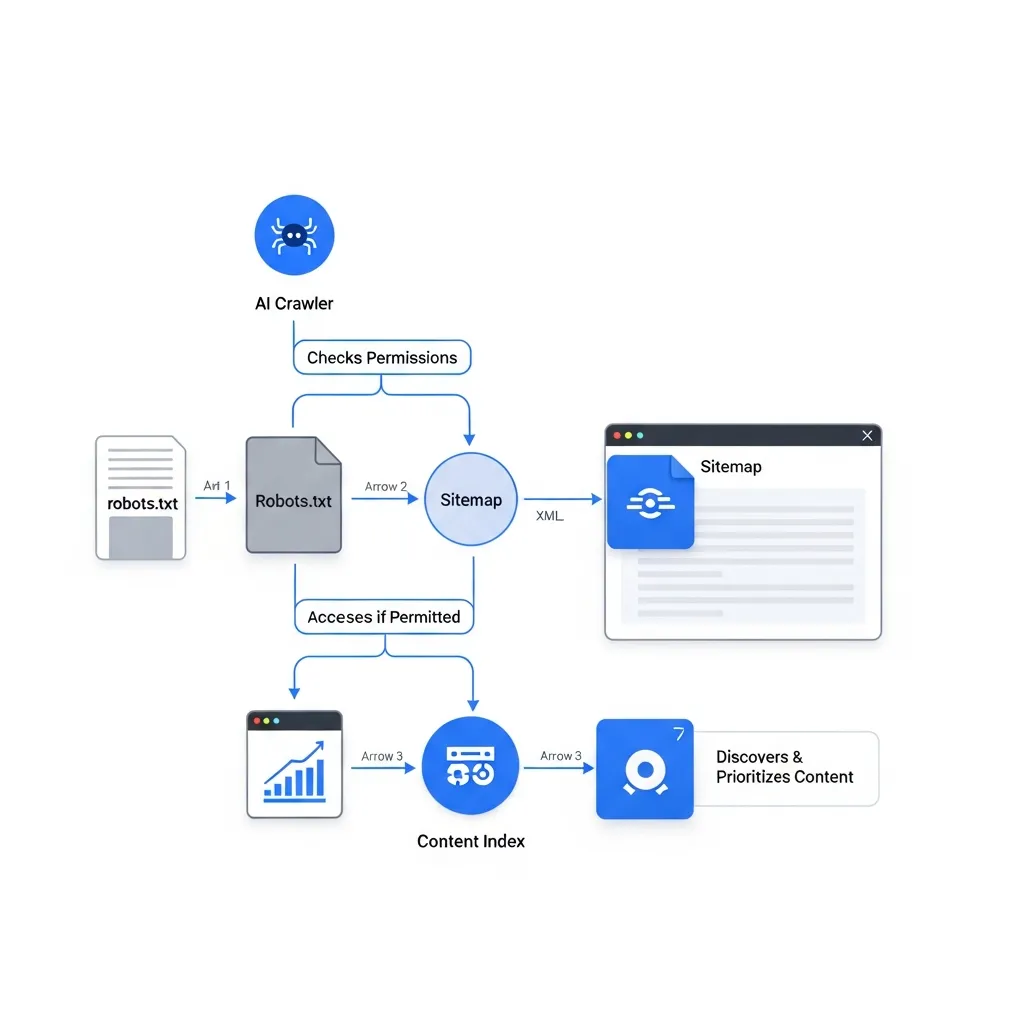 Flowchart showing how robots.txt and sitemaps guide AI crawlers for technical SEO and content discovery.
