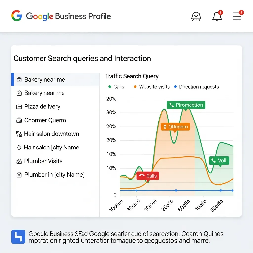 Google Business Profile dashboard showing customer search queries and performance metrics for keyword research and GEO.