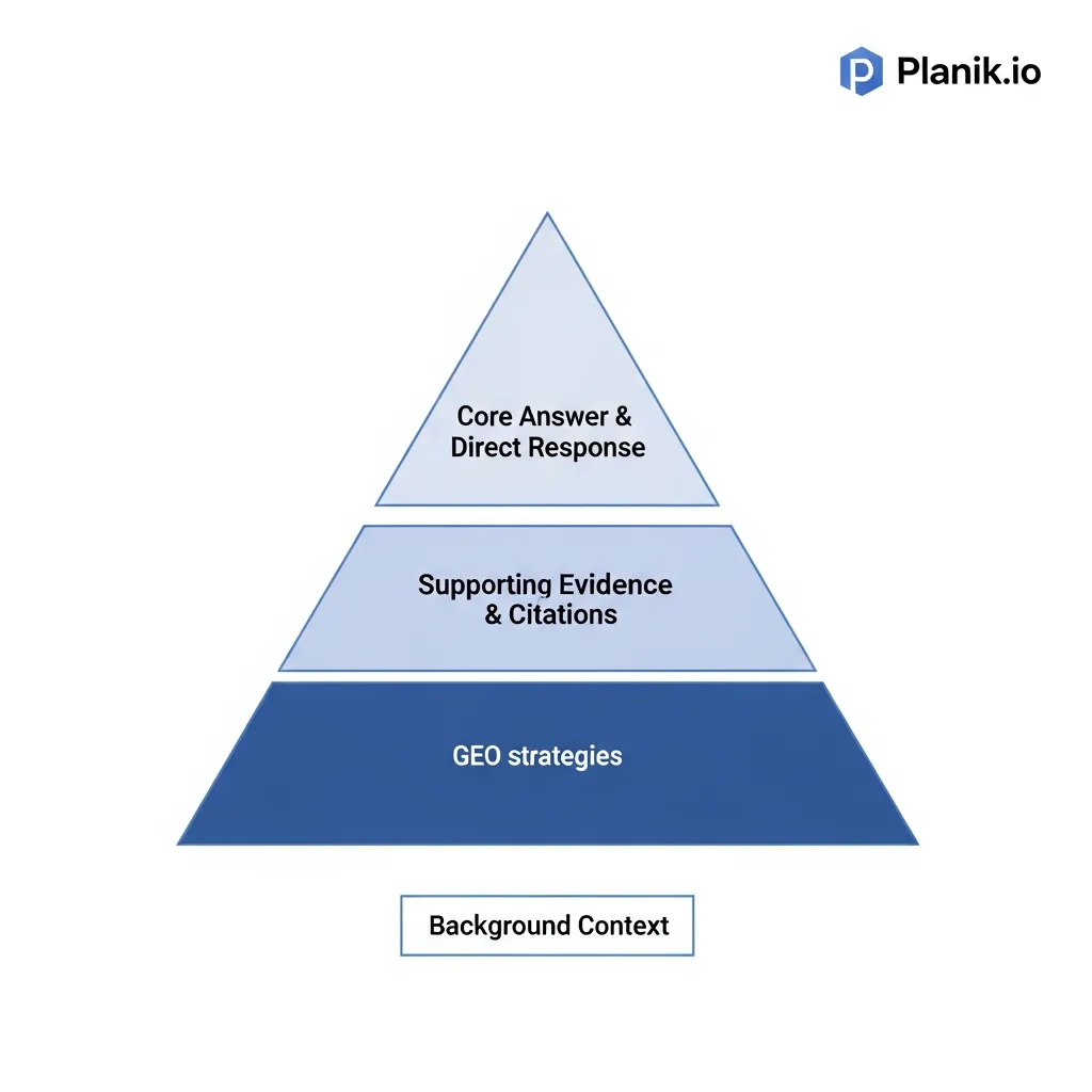 Inverted pyramid diagram illustrating Generative Engine Optimization content hierarchy and GEO strategies by Planik.io.