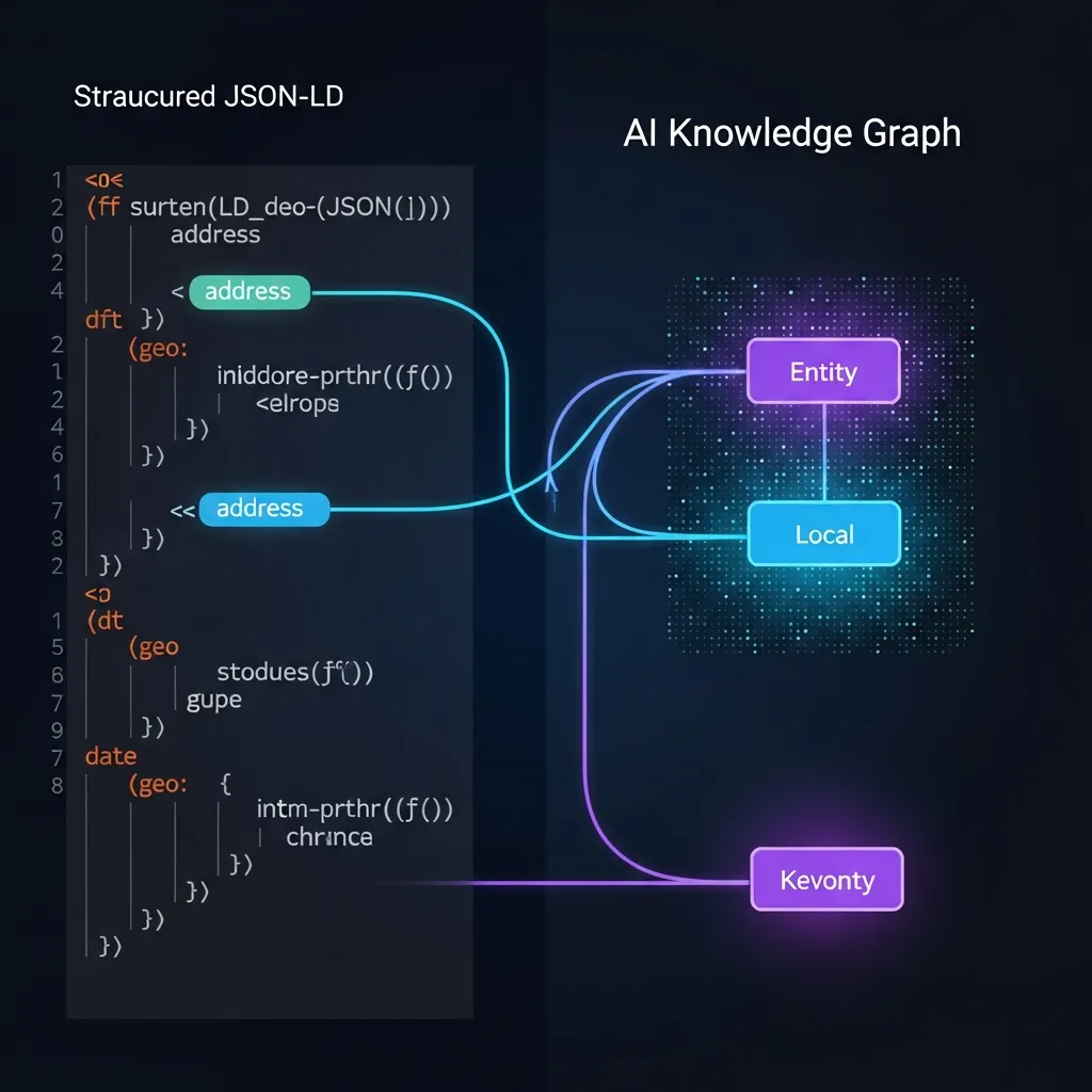 Technical diagram mapping JSON-LD structured data to an AI knowledge graph for local business entities.